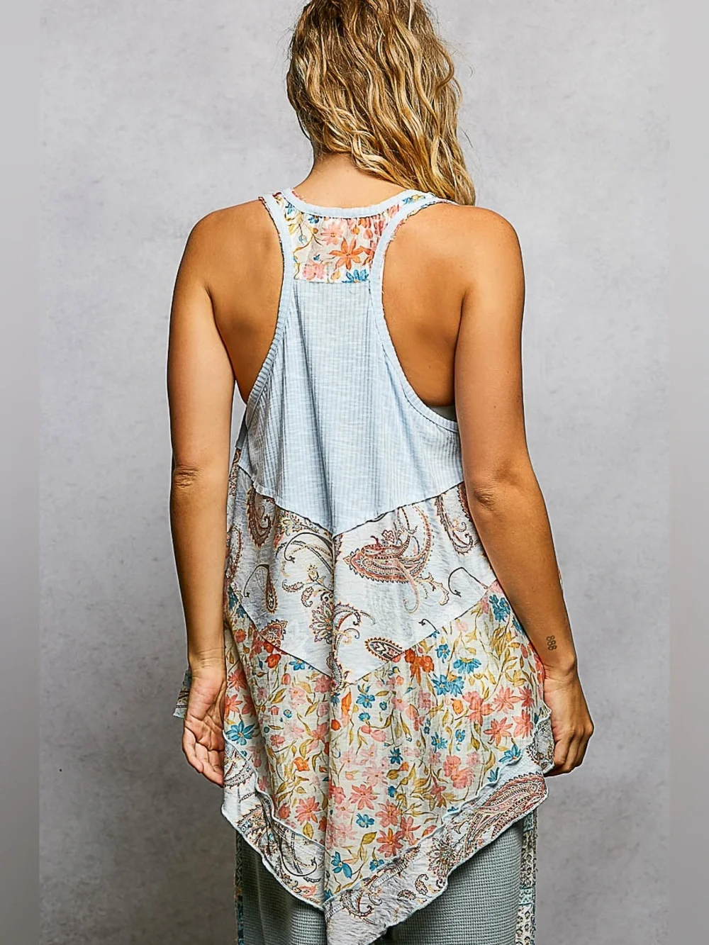 #311 POL Light Blue Floral Paisley Patchwork Tank - Picture 2 of 2